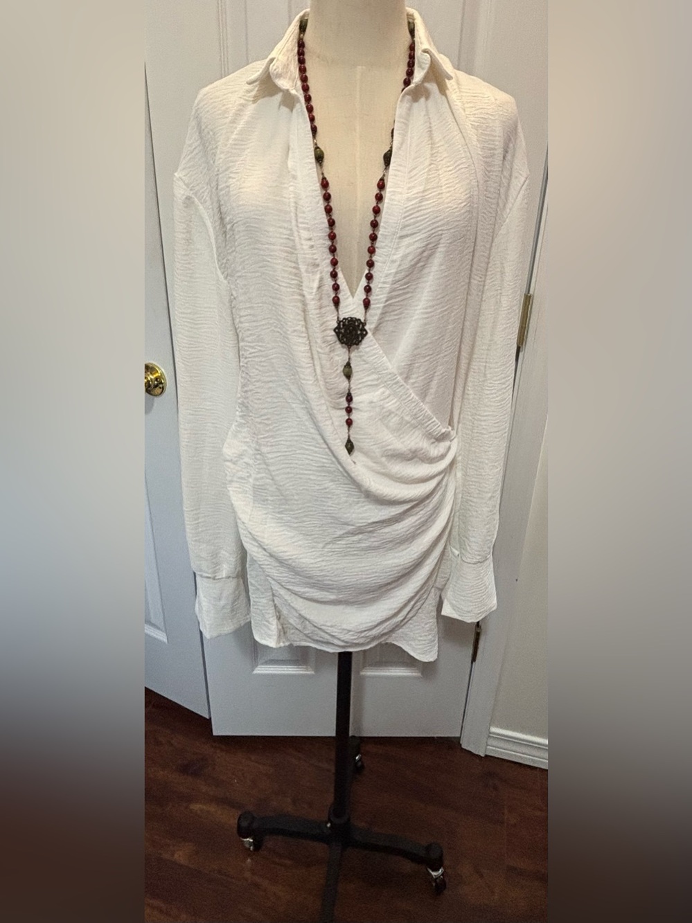 Women's White Draped Mini Shirt Dress with Surplice Neckline - Picture 1 of 9